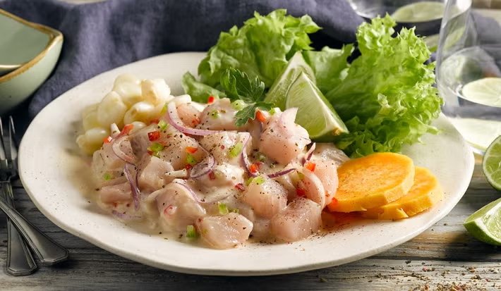 Ceviche with sweet potato, corn and lime