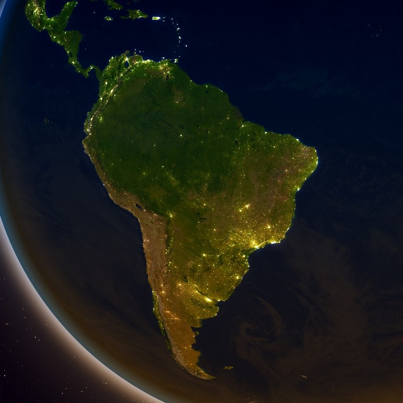 South America seen from space at night, with city lights across the region