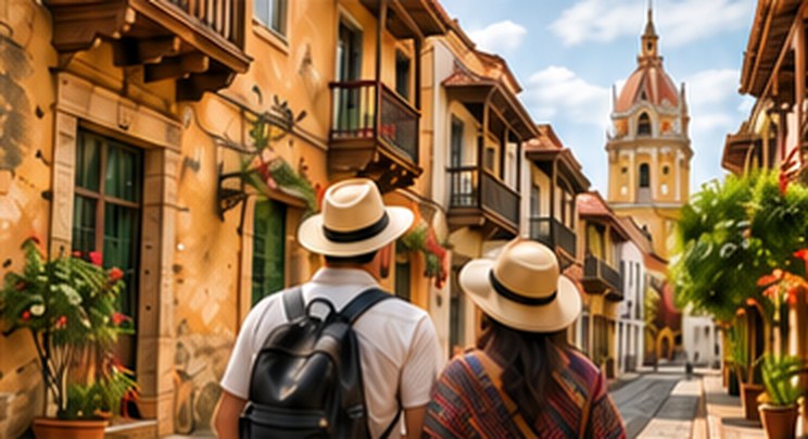 Travellers in a colonial town